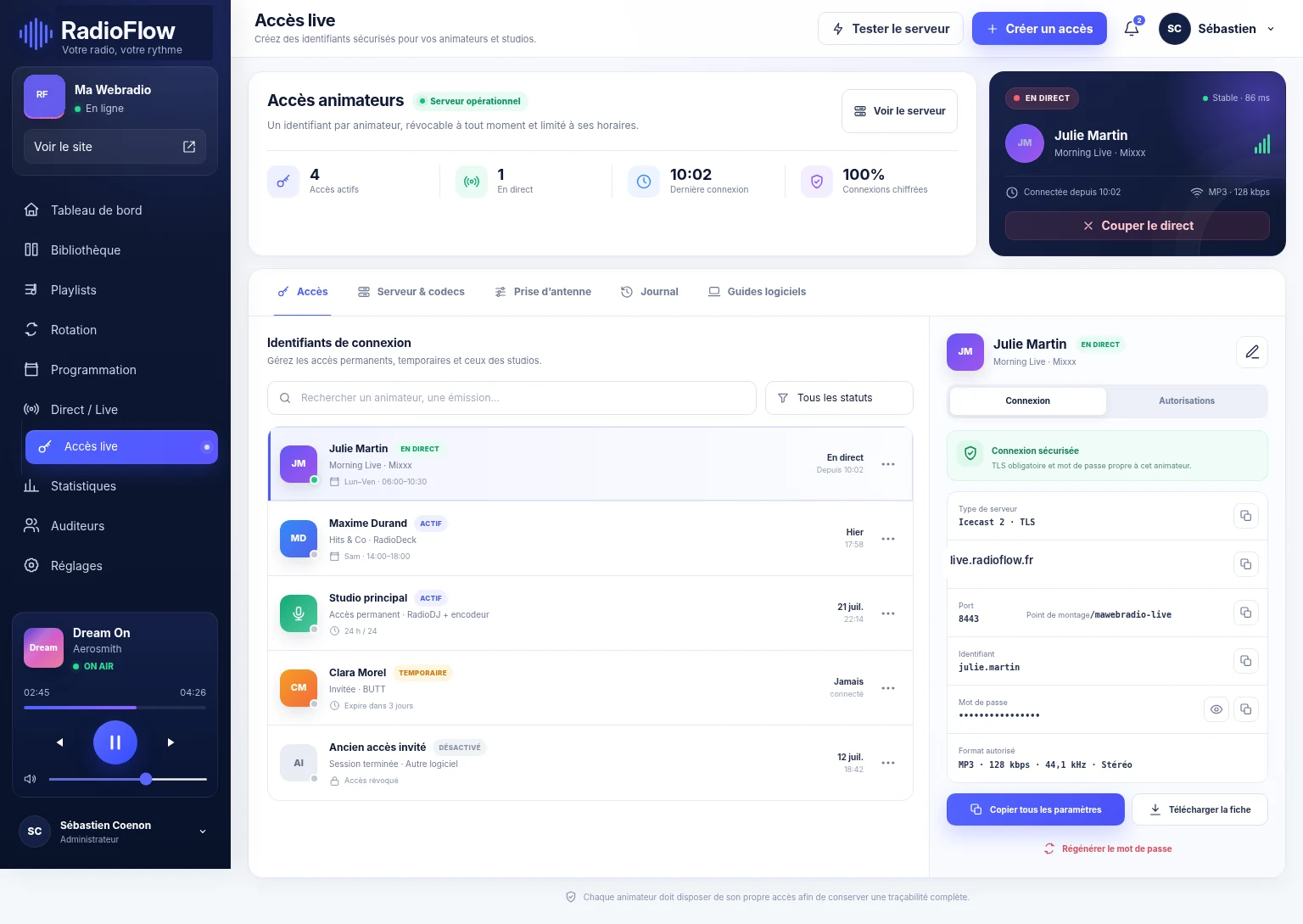 Gestion des accès animateurs RadioFlow